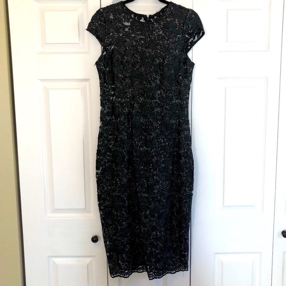 Marina Black Silver Lace Shift Cap Sleeve Dress Size 10